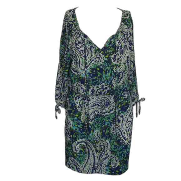 CACHE Dress, S, Blue/Green Paisley, Smocked waist, Slit Sleeve, Tie Neck/Beaded - Picture 10 of 12